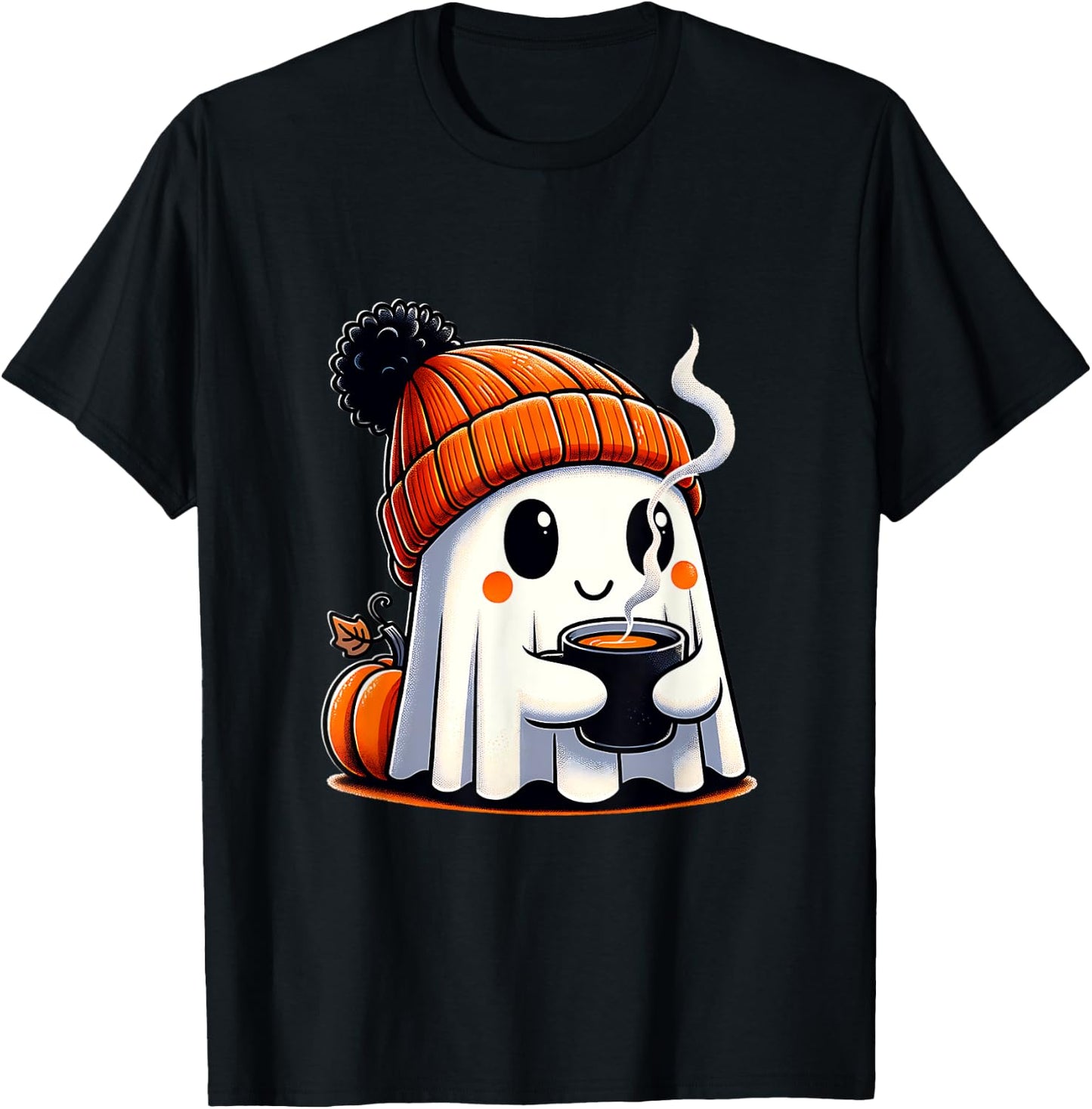 Halloween Cute Kawaii Ghost Drinking Coffee Women Men Kids T-Shirt - T-Shirt | Black