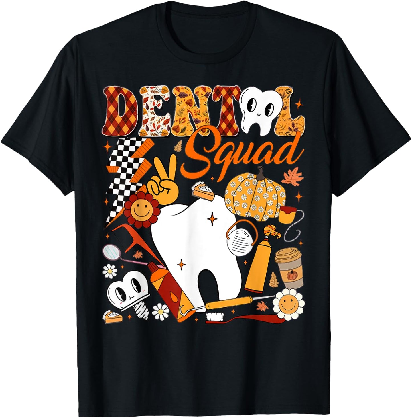 Dental Squad Fall Retro Tooth Dental Life Pumpkin Autumn T-Shirt - T-Shirt | Black
