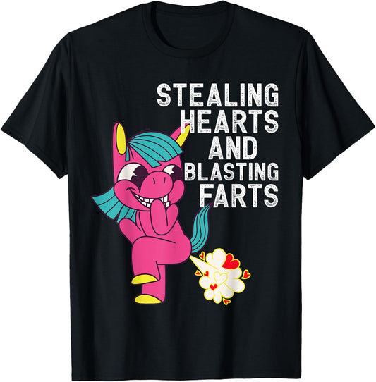 Stealing Hearts and Blasting Farts Funny Unicorn T-Shirt - T-Shirt | Black
