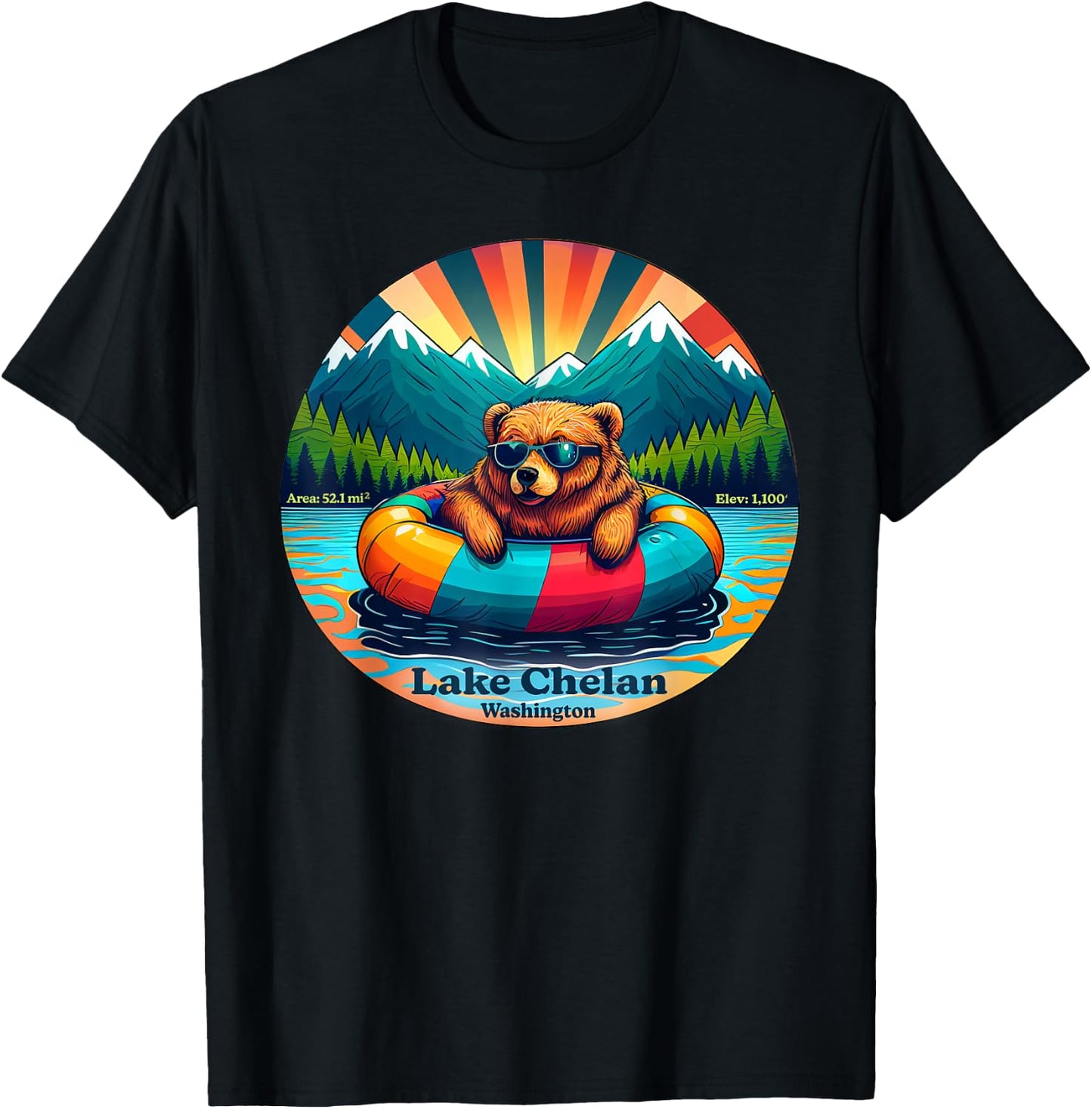 Lake Chelan, Washington Bear with Sunglasses Souvenir T-Shirt - T-Shirt | Black