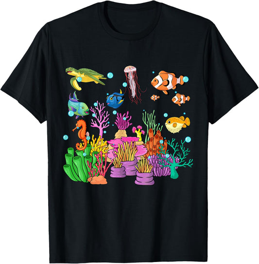 Coral reef with colorful tropical Fish, Marine Life T-Shirt - T-Shirt | Black
