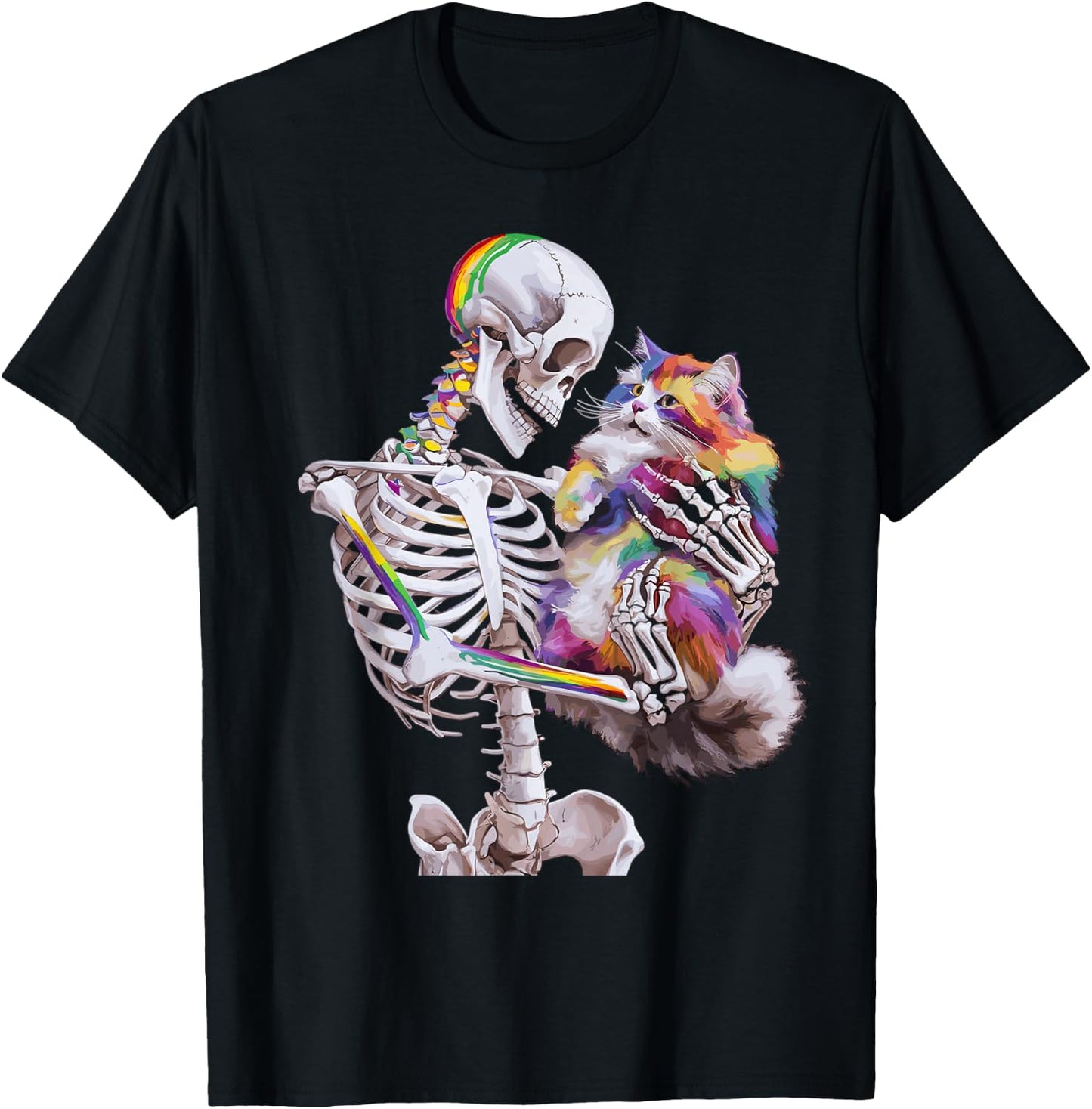 Colorful Paint Splash Cat And Skeleton Art Graphic T-Shirt - T-Shirt | Black