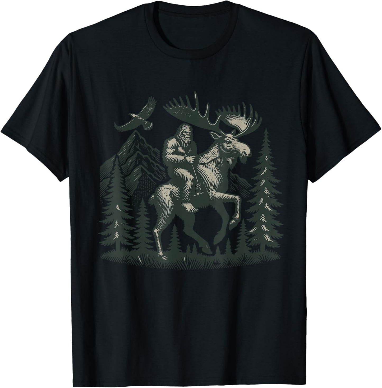 Explore Outdoors Sasquatch Creature Riding a Majestic Moose Bigfoot Adventure - -Adult, Grey, Small, Short Sleeve T-Shirt - T-Shirt | Black