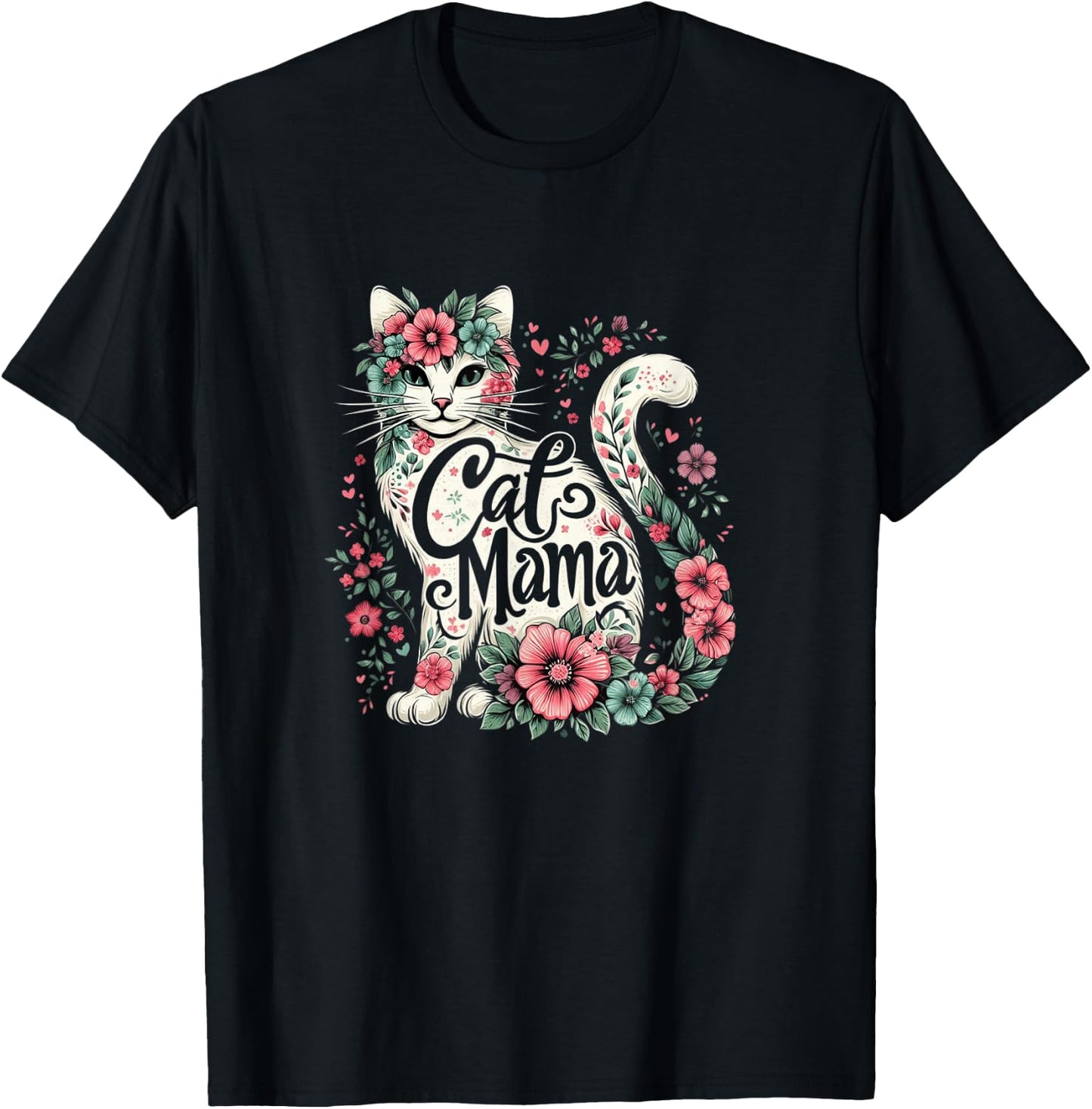 Cat Mama Cute Flower Cat Mother's Day Floral Cat Mom T-Shirt - T-Shirt | Black