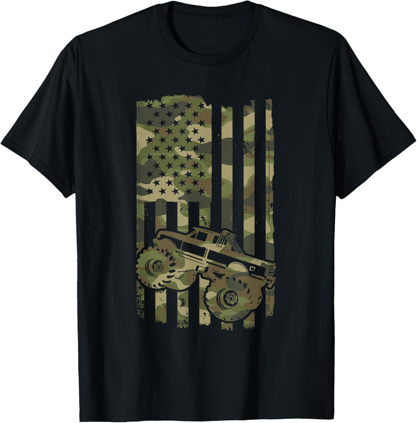 Monster Trucker Retro Monster Truck USA Flag 4th July T-Shirt - T-Shirt | Black