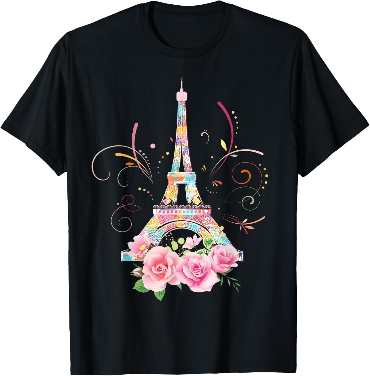 Colorful Eiffel Tower of Paris in France Parisian Rose T-Shirt - T-Shirt | Black