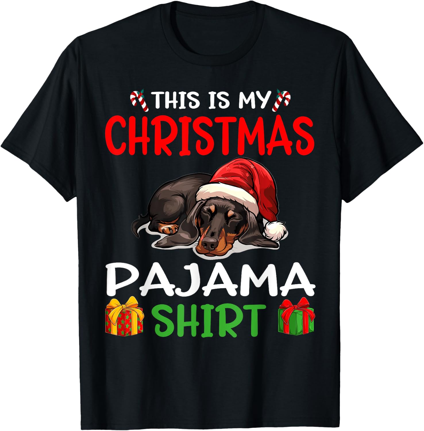 Cute Dachshund Wiener Doxie Dog This is my Christmas Pajama Men Women Kids T-Shirt - T-Shirt | Black