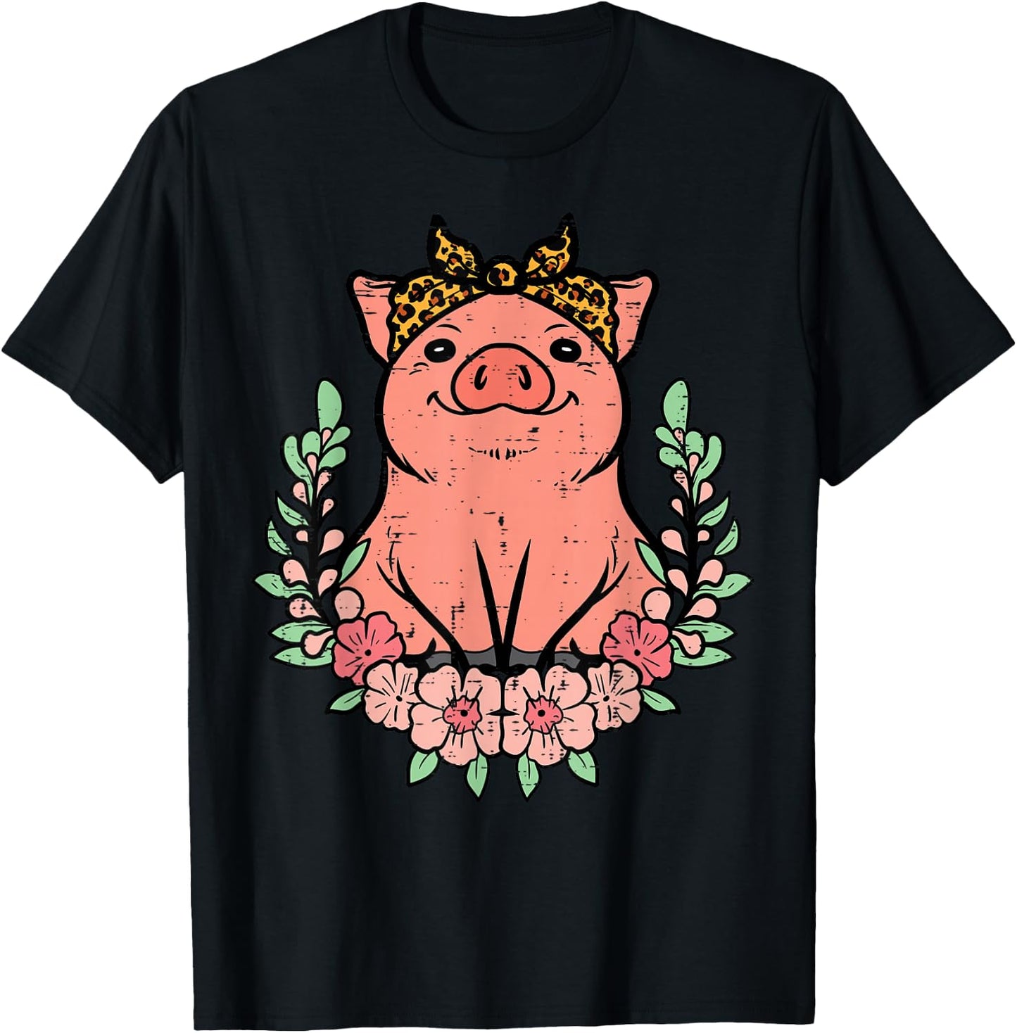 Pig Leopard Bandana Hog Farm Animal Mom Women Girls Kids T-Shirt - T-Shirt | Black
