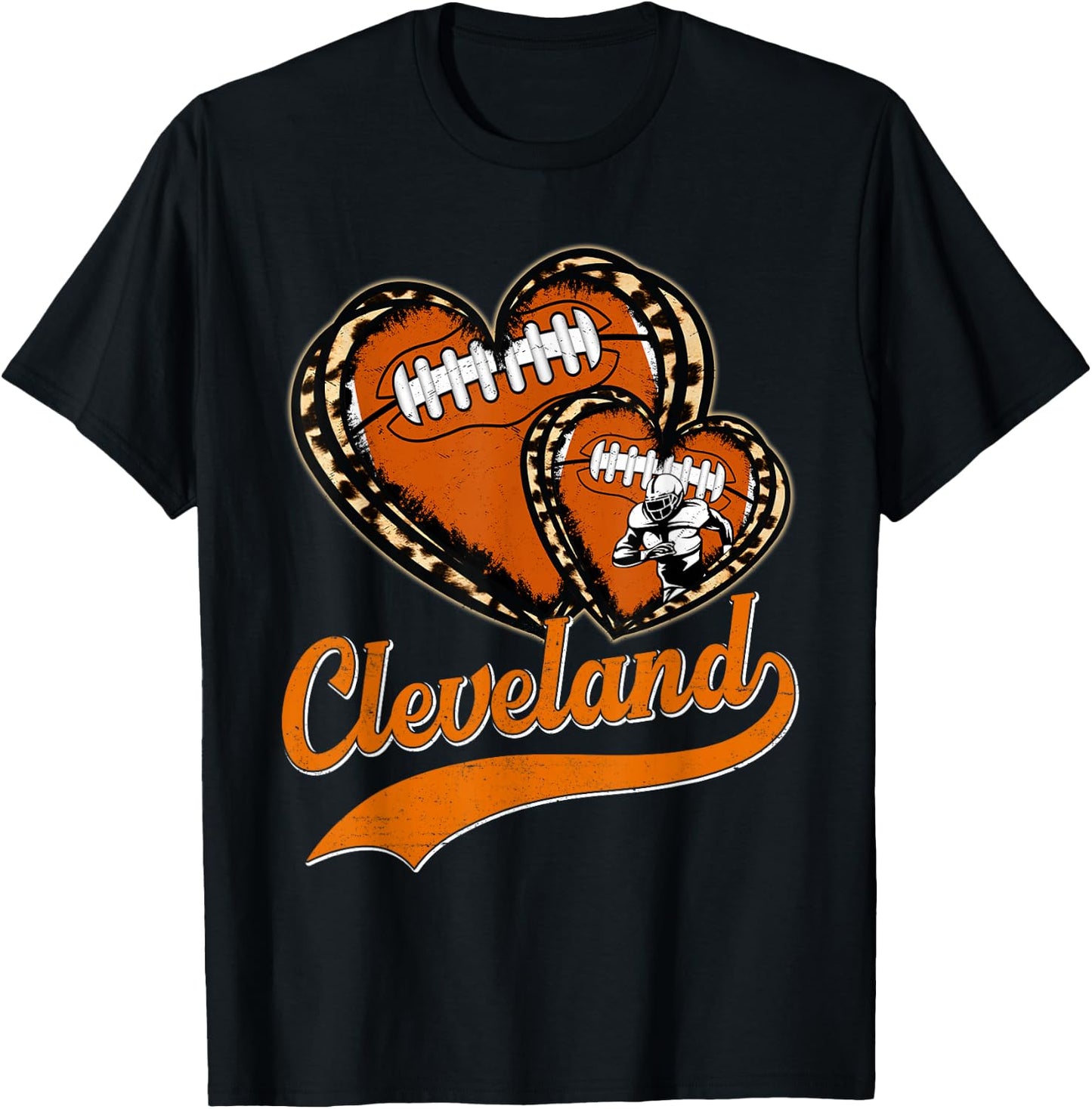 Vintage Leopard Heart Cleveland Football Player Sport Fans T-Shirt - T-Shirt | Black
