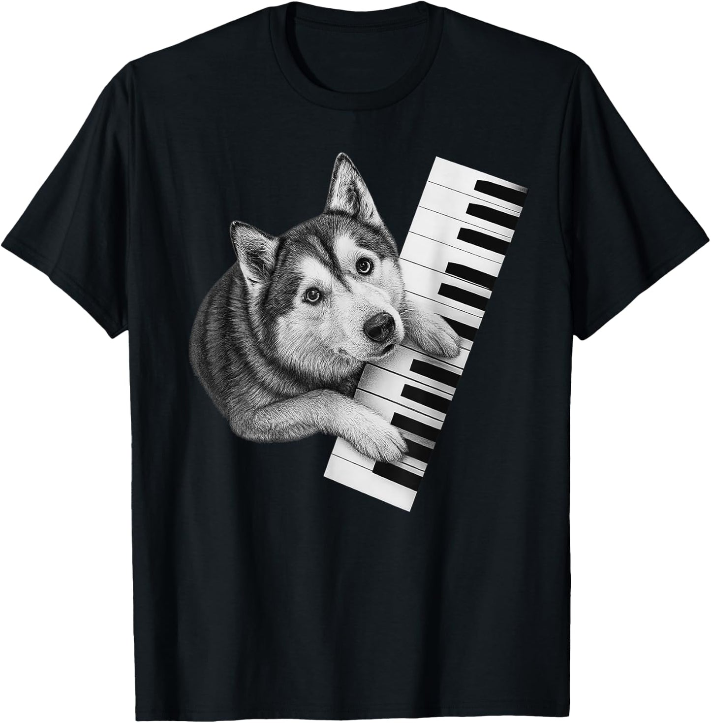 Husky Playing Piano Pianist Dog Lover T-Shirt - T-Shirt | Black