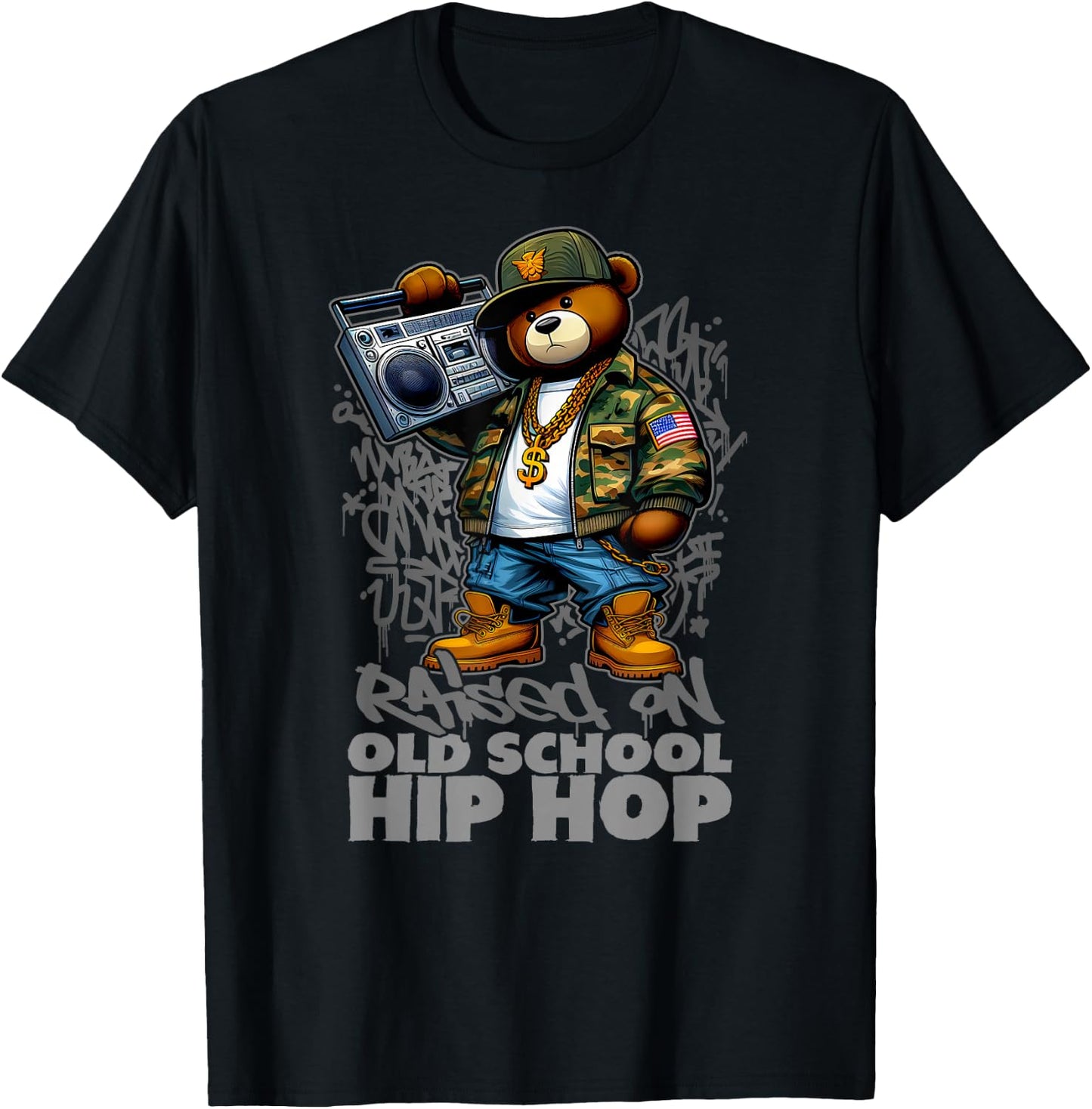 RAISED ON OLD SCHOOL HIP HOP Teddy Bear 80s 90s Hip Hop T-Shirt - T-Shirt | Black