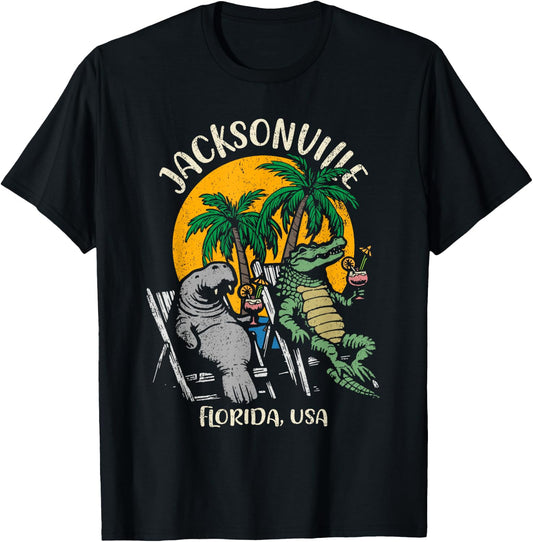 Jacksonville Florida USA Funny Manatee and Alligator Design T-Shirt - T-Shirt | Black