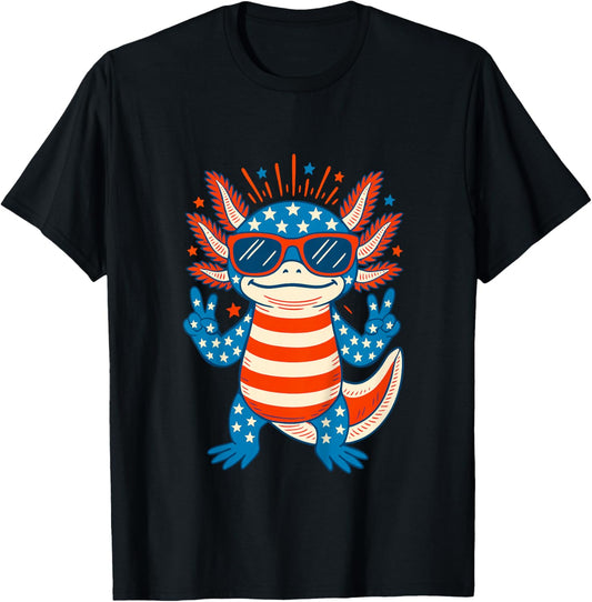 Kids Cute Axolotl 4th of July Red White Blue American Flag Kids T-Shirt - T-Shirt | Black