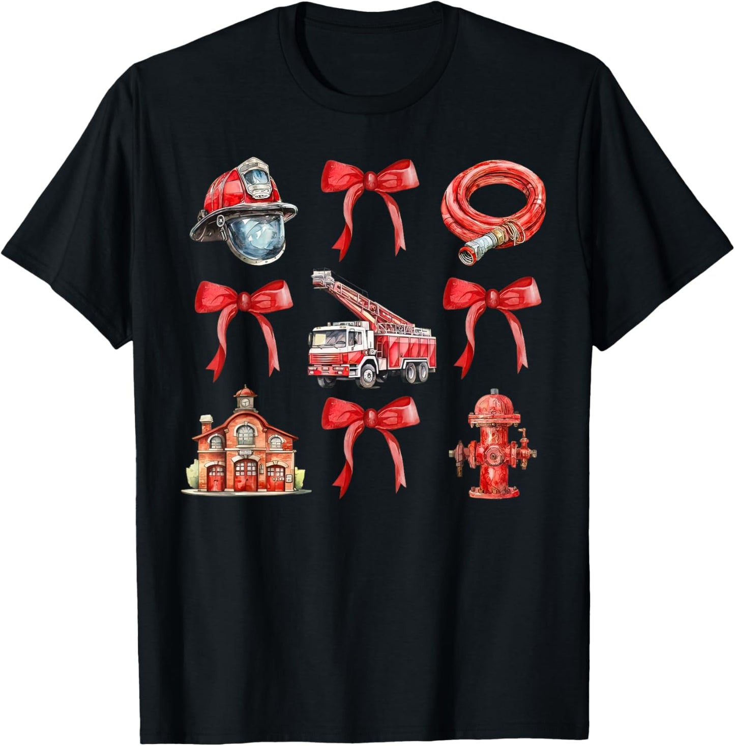 Vintage Coquette Bow Firefighter Firehouse Fireman Men Women T-Shirt - T-Shirt | Black