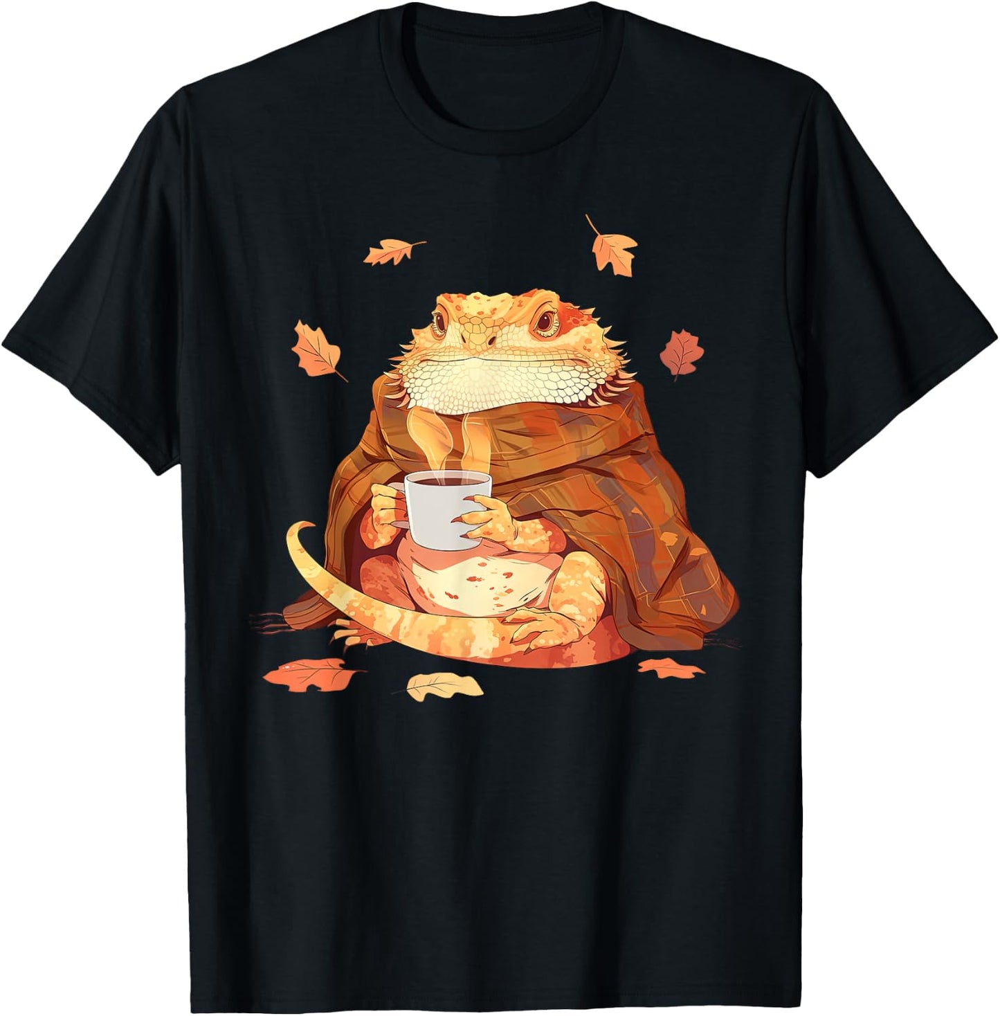 Cute Bearded Dragon In Blanket Drink Coffee Pumpkin Fall T-Shirt - T-Shirt | Black