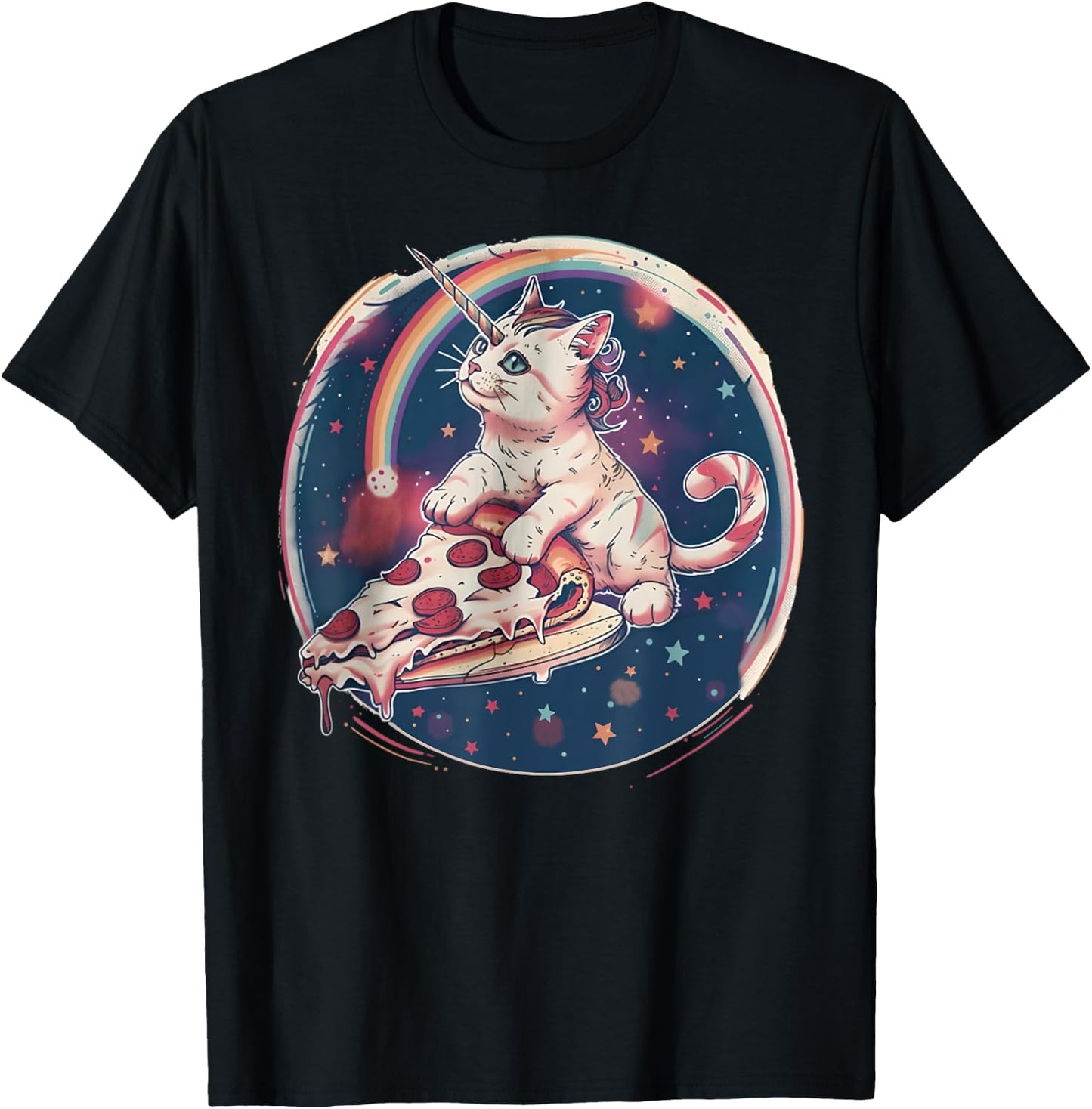 Funny Uni-Cat Flying A Pizza Unicorn Kitten Space Cats Lover Men Women Kids T-Shirt - T-Shirt | Black