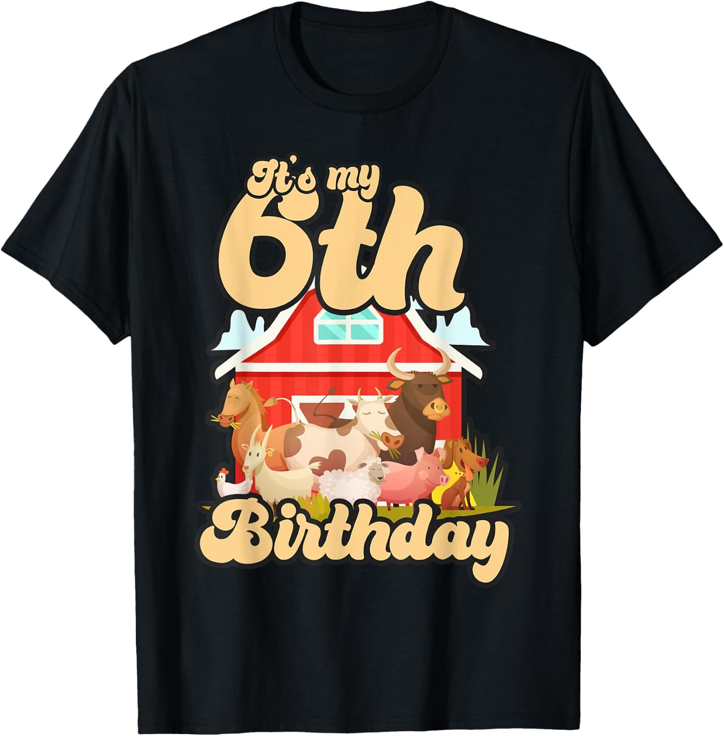 6th Birthday Shirt Farm Animals Cow Horse Pig 6 Years Old T-Shirt - T-Shirt | Black