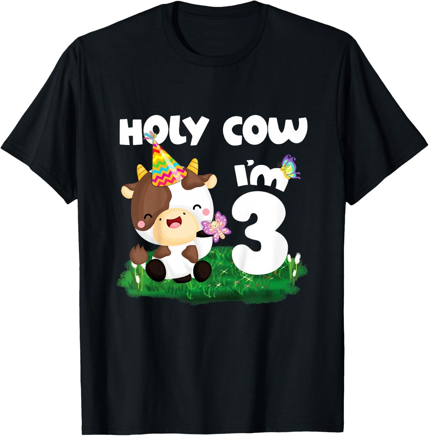 Holy Cow I'm 3 Birthday Girl Boy Moo Three 3rd Birthday T-Shirt - T-Shirt | Black