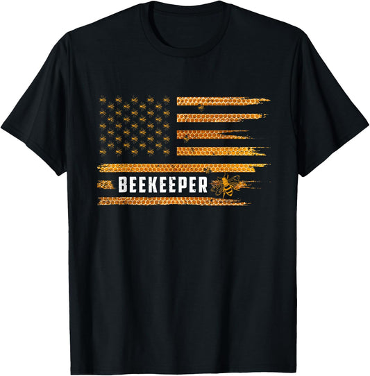 Beekeeping American Flag Honeycomb Honey Bees Beekeeper T-Shirt - T-Shirt | Black