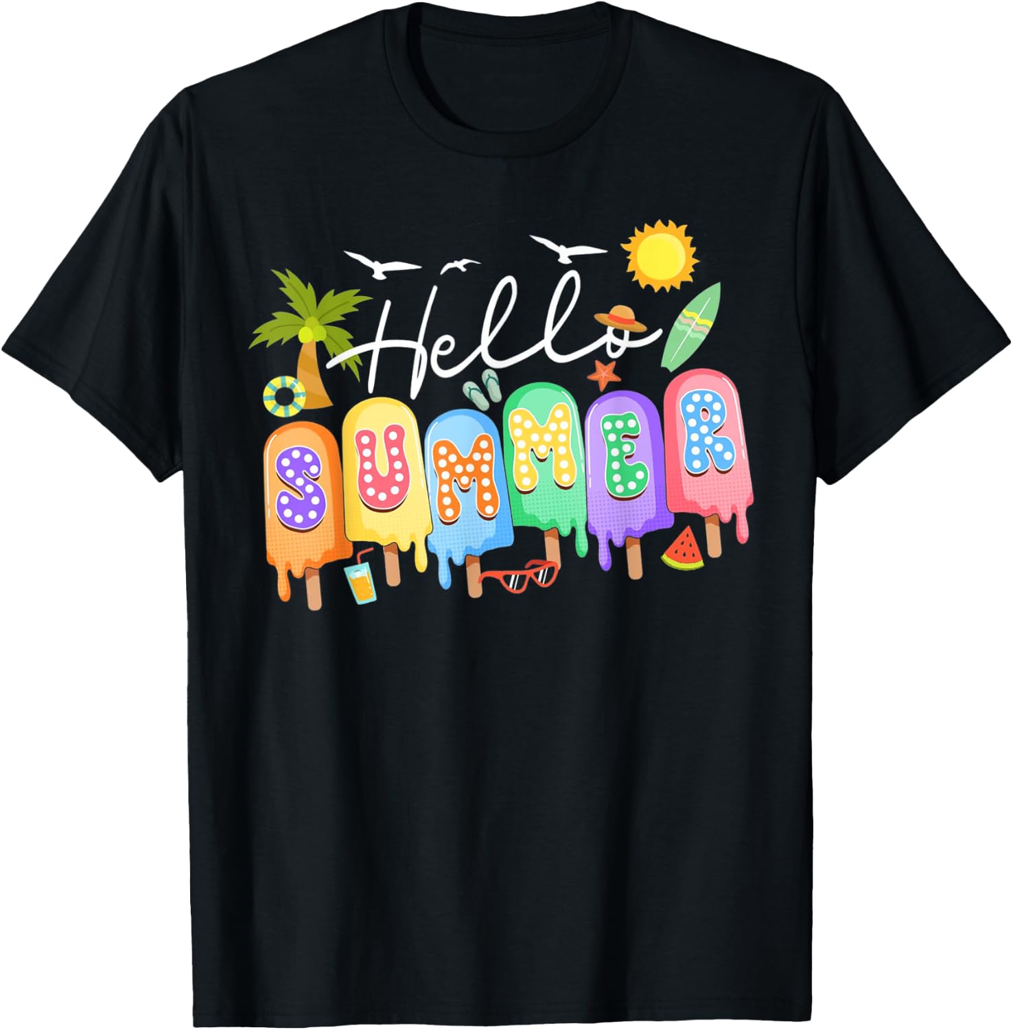 Hello Summer Vacation Ice Cream Popsicle Ice Lolly Summer Men Women Kids T-Shirt - T-Shirt | Black
