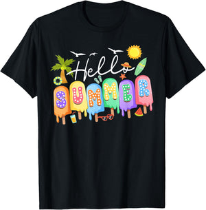 Hello Summer Vacation Ice Cream Popsicle Ice Lolly Summer Men Women Kids T-Shirt - T-Shirt | Black