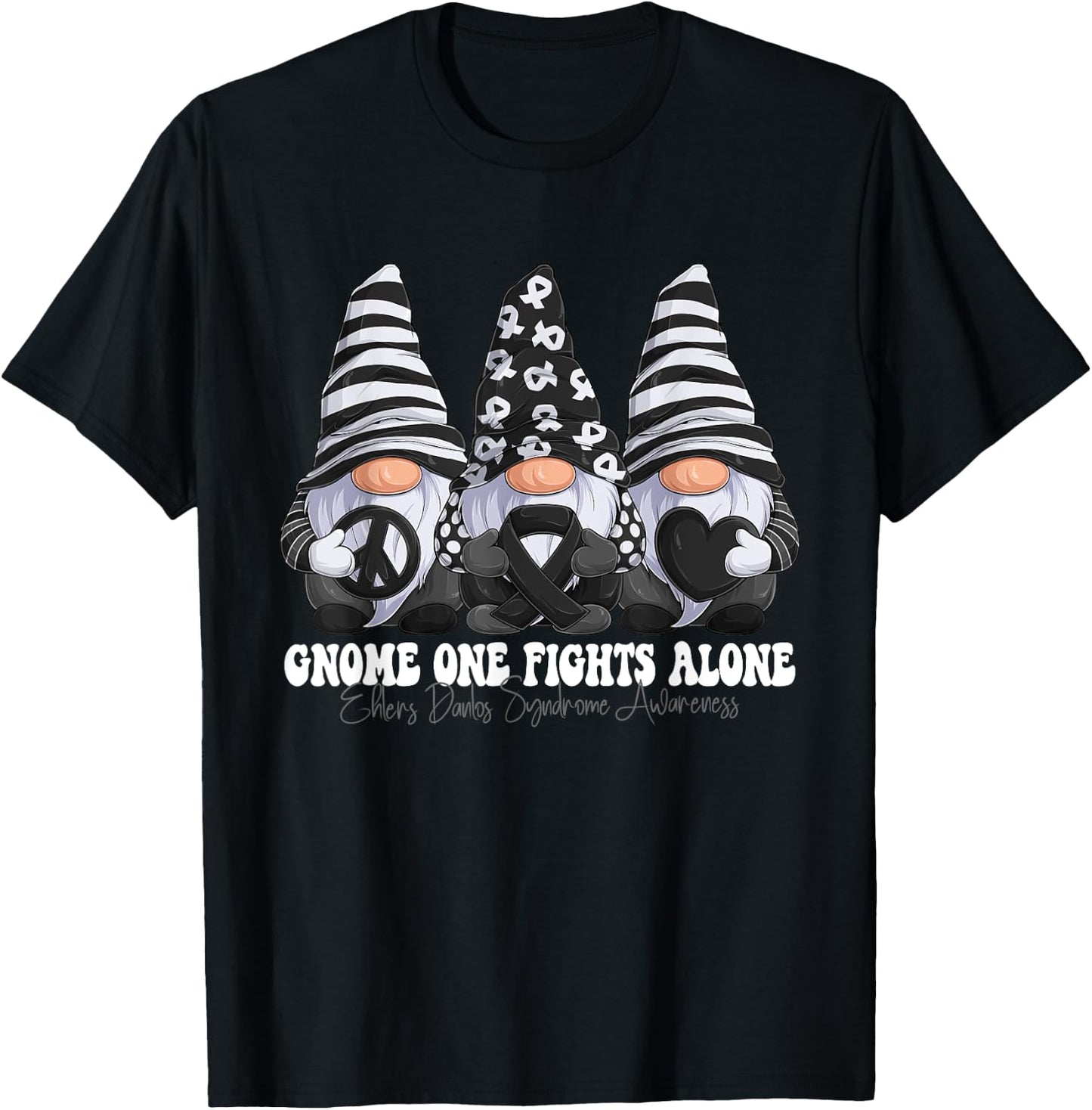 Ehlers Danlos Syndrome Awareness Month Zebra Ribbon Gnomies T-Shirt - T-Shirt | Black