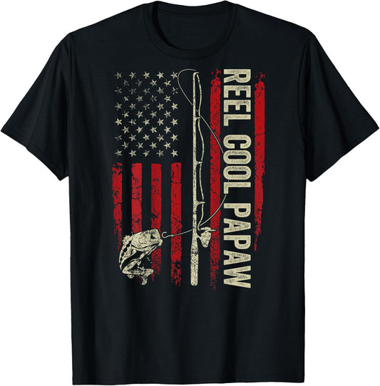 Reel Cool Papaw Fishing American Flag Patriotic (On Back) T-Shirt - T-Shirt | Black