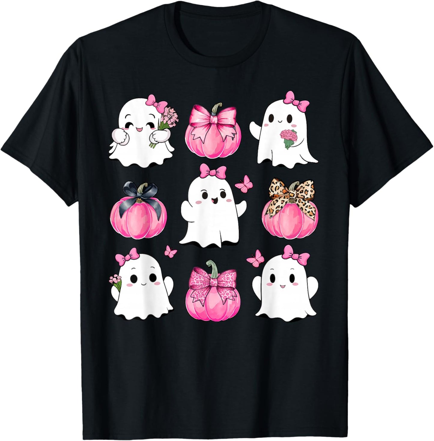 Cute Ghost Florals Pink Coquette Bows Pumpkins Halloween T-Shirt - T-Shirt | Black