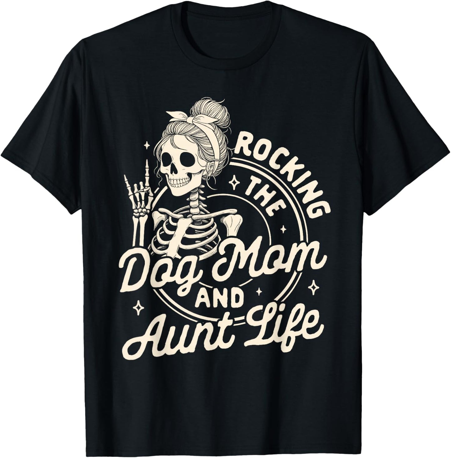 Dog Mama Fur Mama Skeleton Rocking The Dog Mom & Aunt Life T-Shirt - T-Shirt | Black