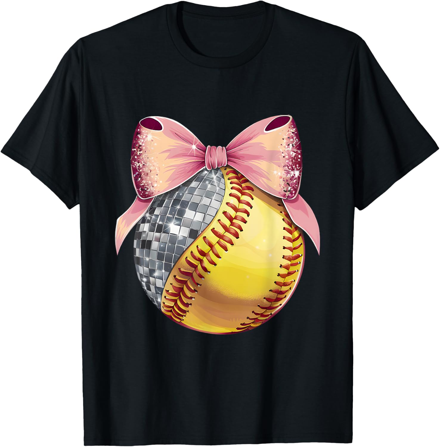 Cute Coquette Bow Disco Ball Softball Player Game Day Mom T-Shirt - T-Shirt | Black