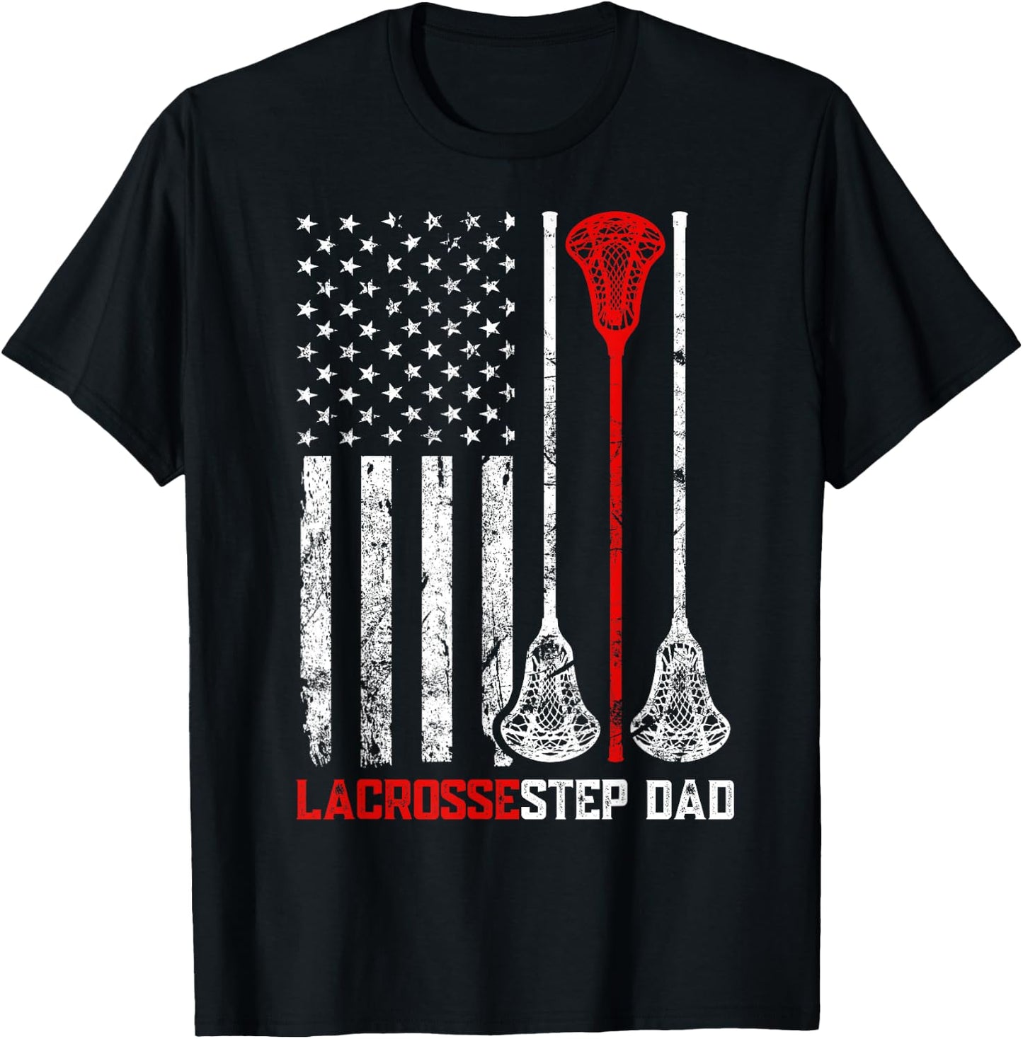 Vintage Lacrosse Step Dad USA Flag Patriotic Family Matching T-Shirt - T-Shirt | Black