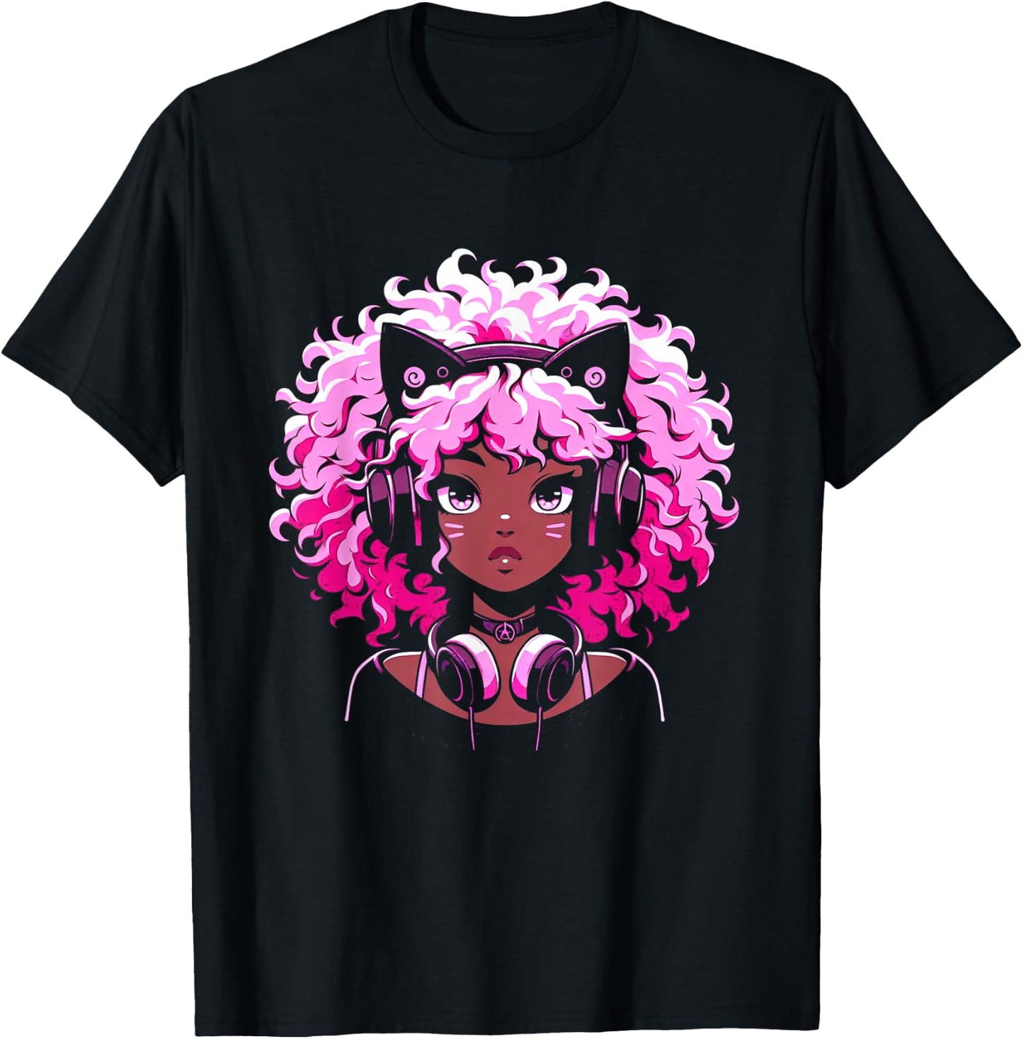 Anime and Music Black Girl Anime Merch Afro African American T-Shirt - T-Shirt | Black