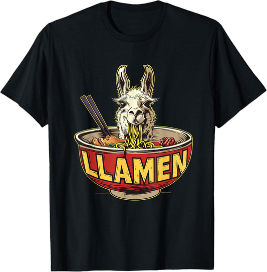 Llama Ramen Llama Ramen Bowl Funny Llama Eating Ramen T-Shirt - T-Shirt | Black
