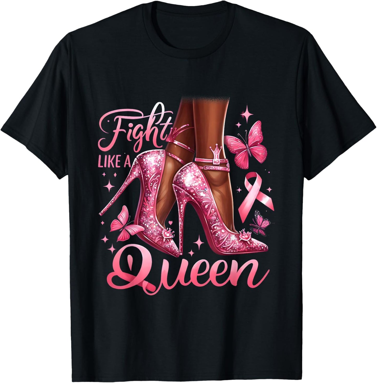 Fight Like A Queen Breast Cancer Awareness Black Woman Queen T-Shirt - T-Shirt | Black