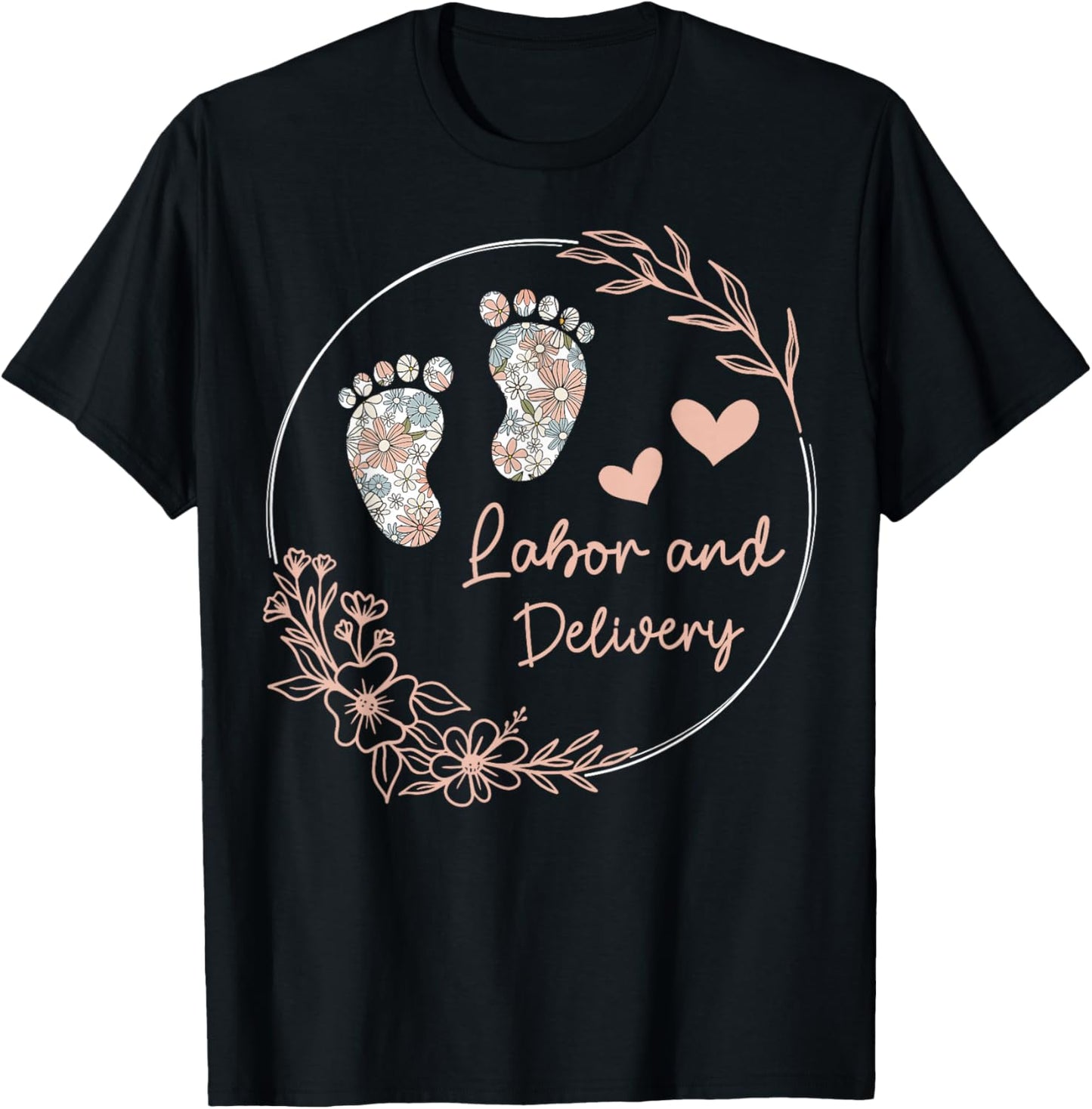 Funny Labor and Delivery Nurse Co - Women's Retro Floral Nursing Shirt - Black, Small - Short Sleeve T-Shirt - T-Shirt | Black