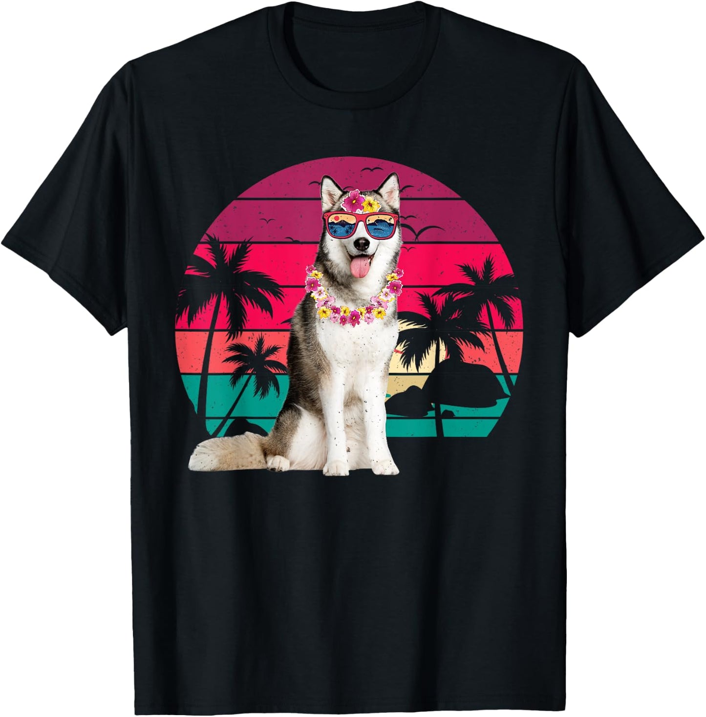 Retro Hawaiian Husky Dog Tropical Palm Trees Summer Vibes Women Kids T-Shirt - T-Shirt | Black