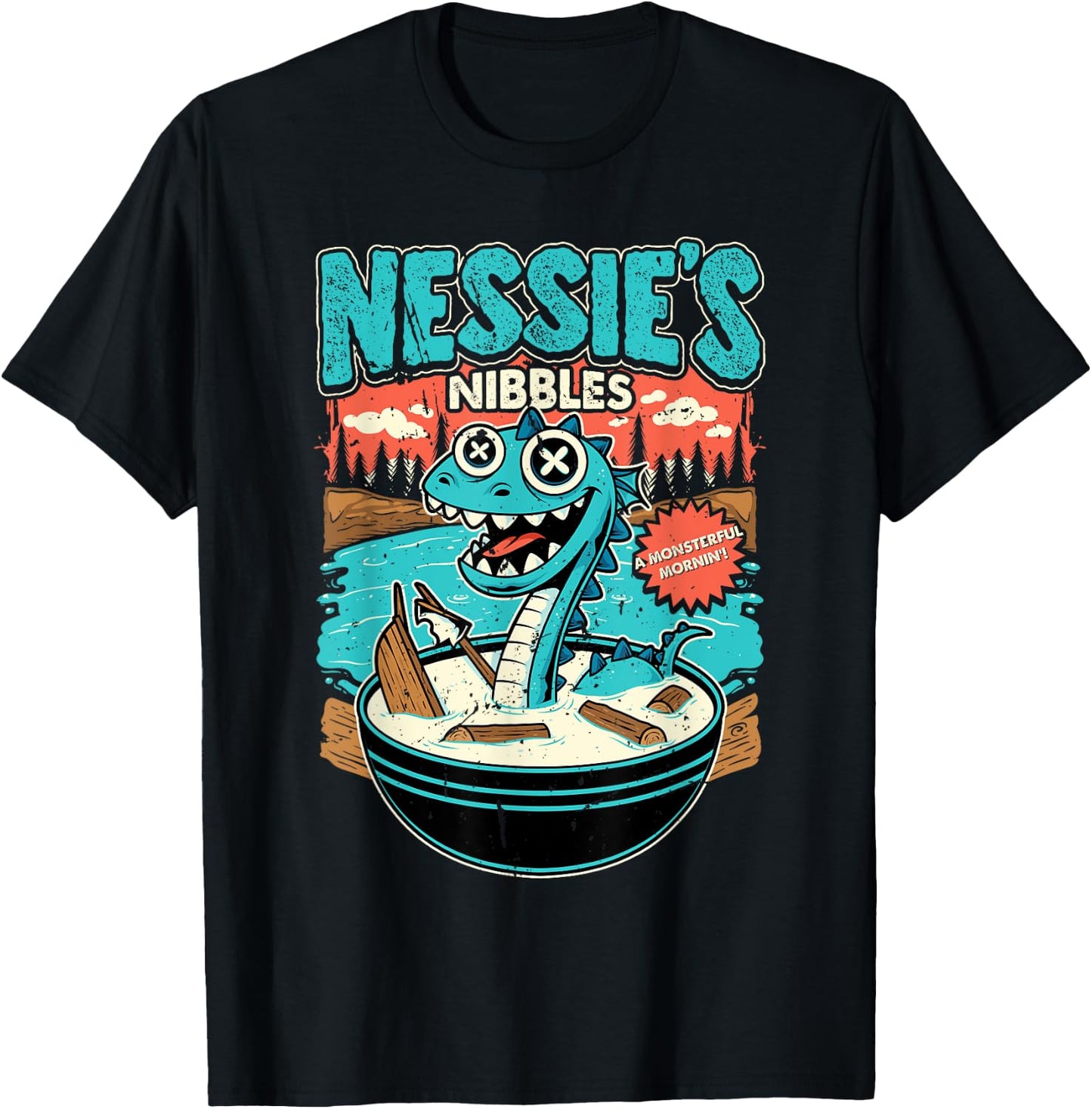 Nessie’s Nibbles Cereal Design Loch Ness Monster Parody T-Shirt - T-Shirt | Black