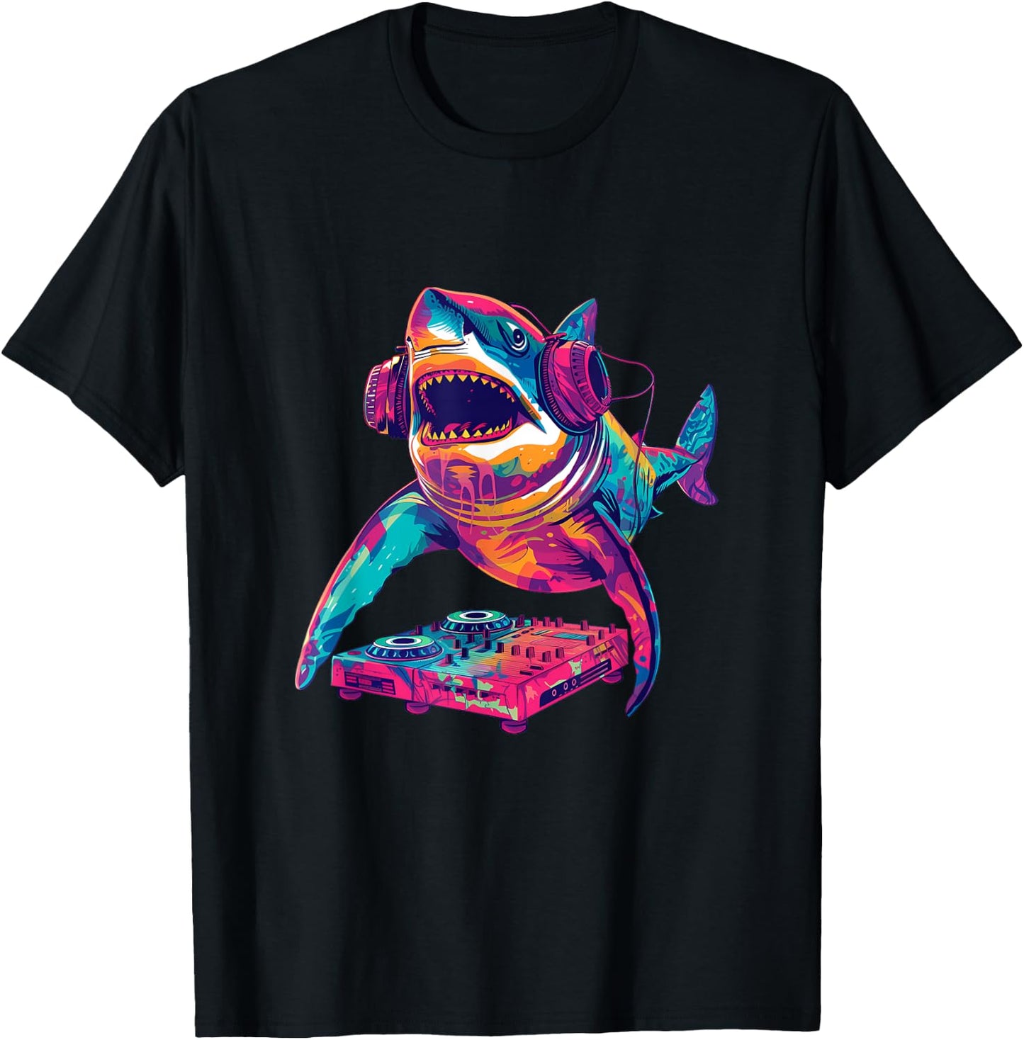 Party Shark Disco DJ with headphones turntable artwork T-Shirt - T-Shirt | Black