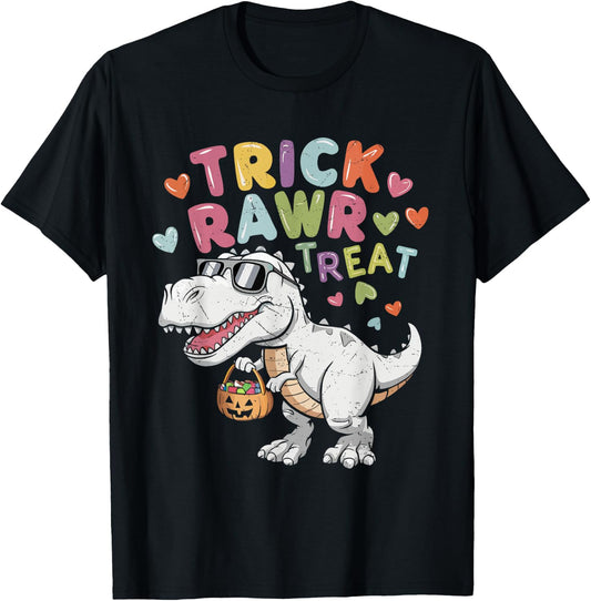 Trick Rawr Treat Ghost Dino Trex Toddler Boys Halloween Kids T-Shirt - T-Shirt | Black