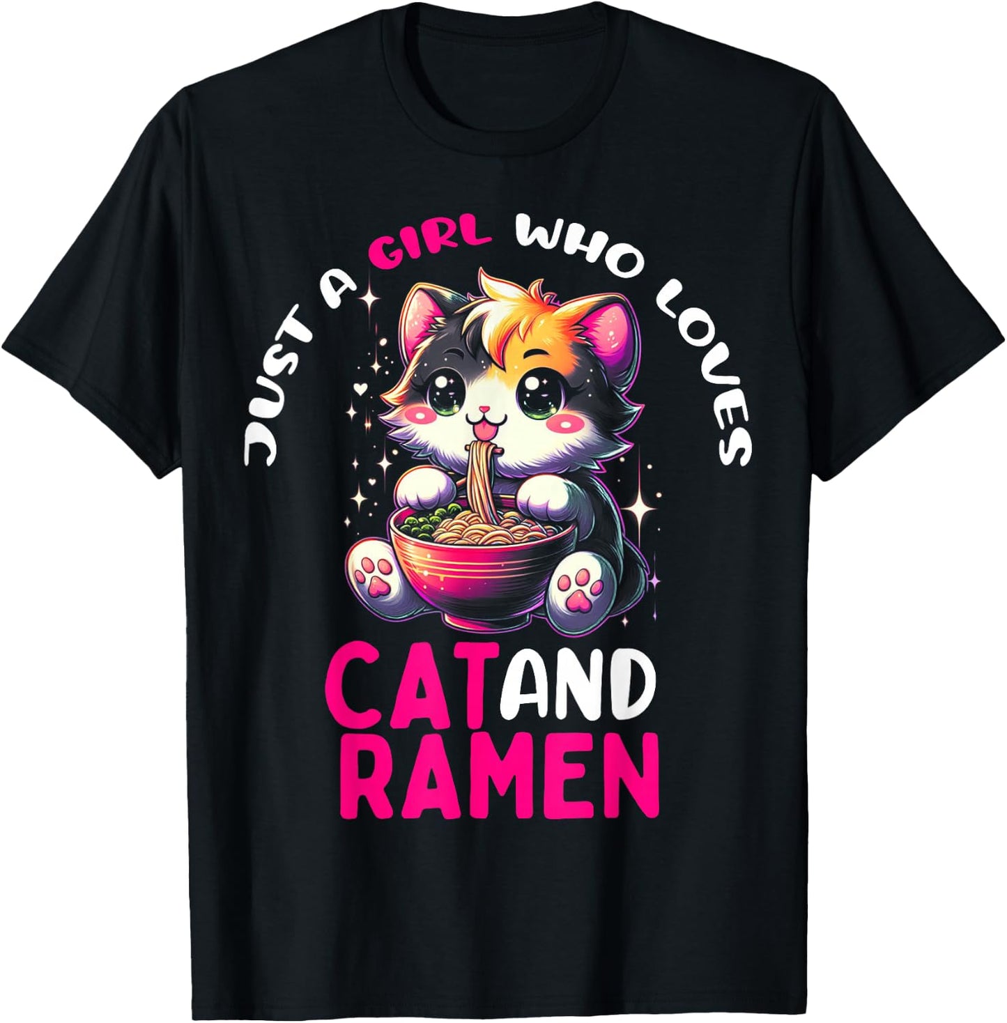 Just a Girl Who Loves Cat And Ramen Cute Cat loves Ramen T-Shirt - T-Shirt | Black