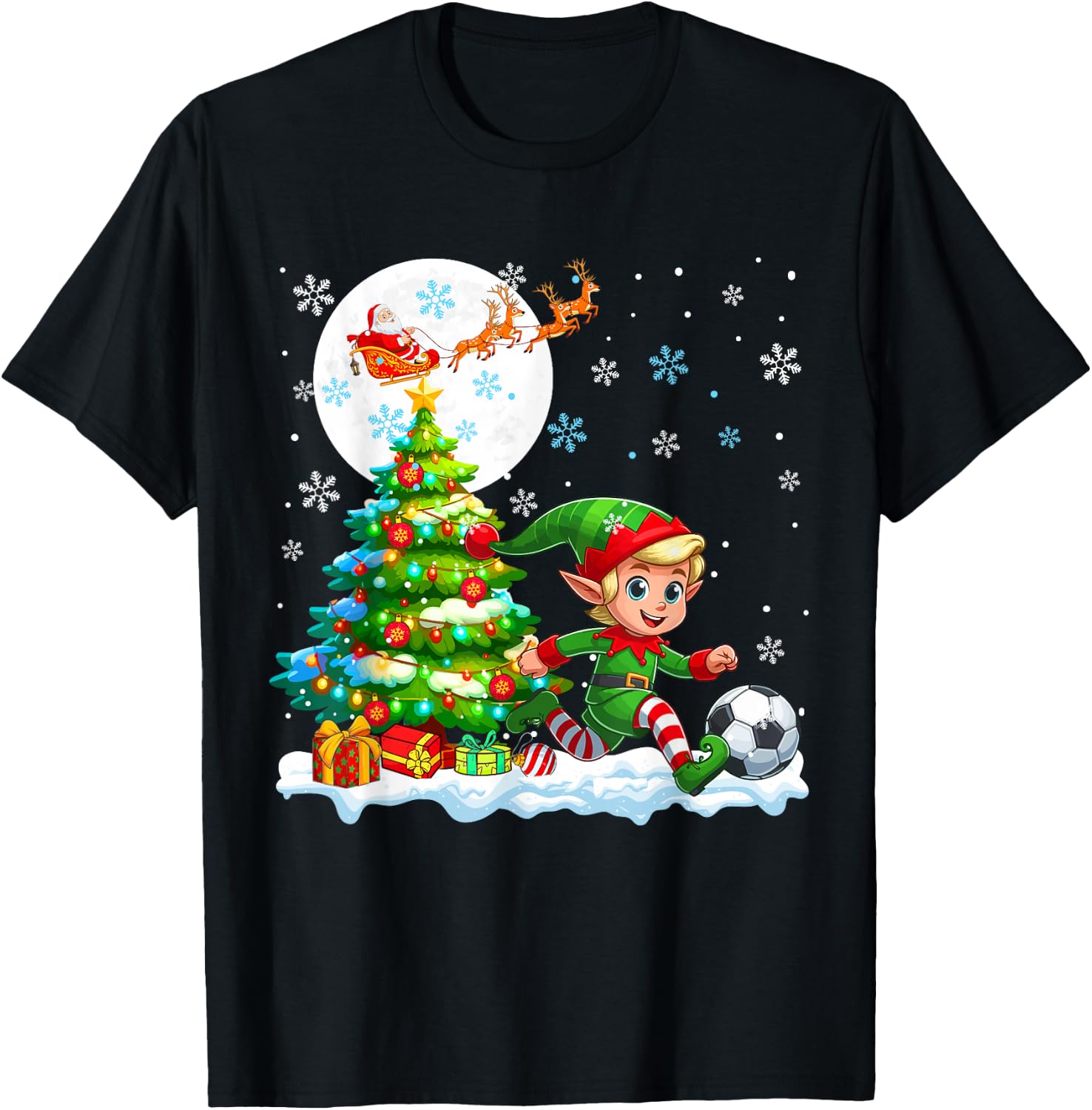 Elf Playing Soccer Christmas Tree Colorful Costume Player T-Shirt - T-Shirt | Black