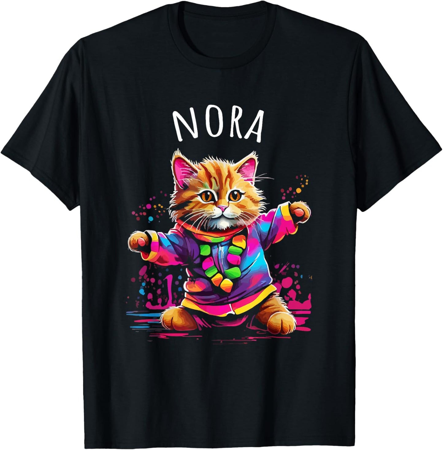 Nora Colorful Dancing Cat Design for Girls Name Nora T-Shirt - T-Shirt | Black