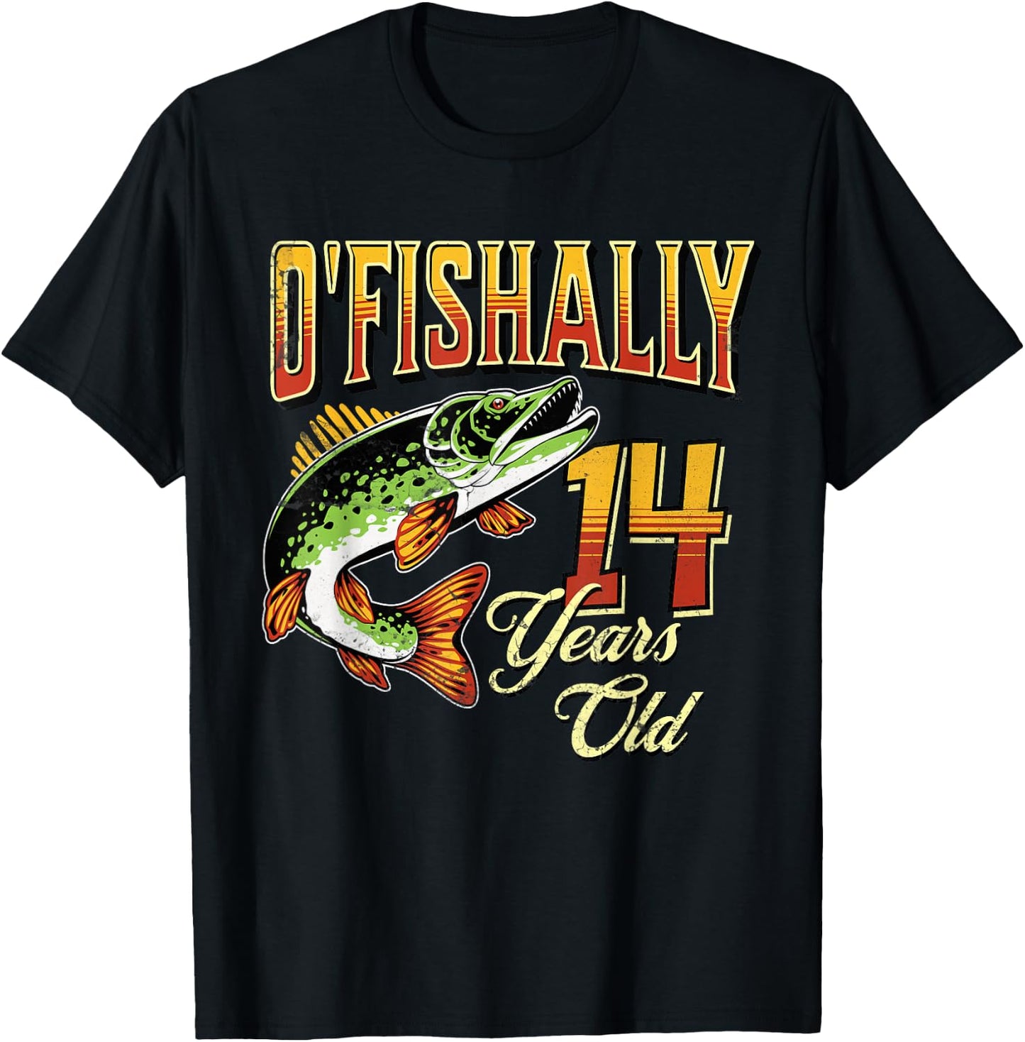 O'Fishally 14 Years Old Fishing Themed 14th Birthday Fish T-Shirt - T-Shirt | Black