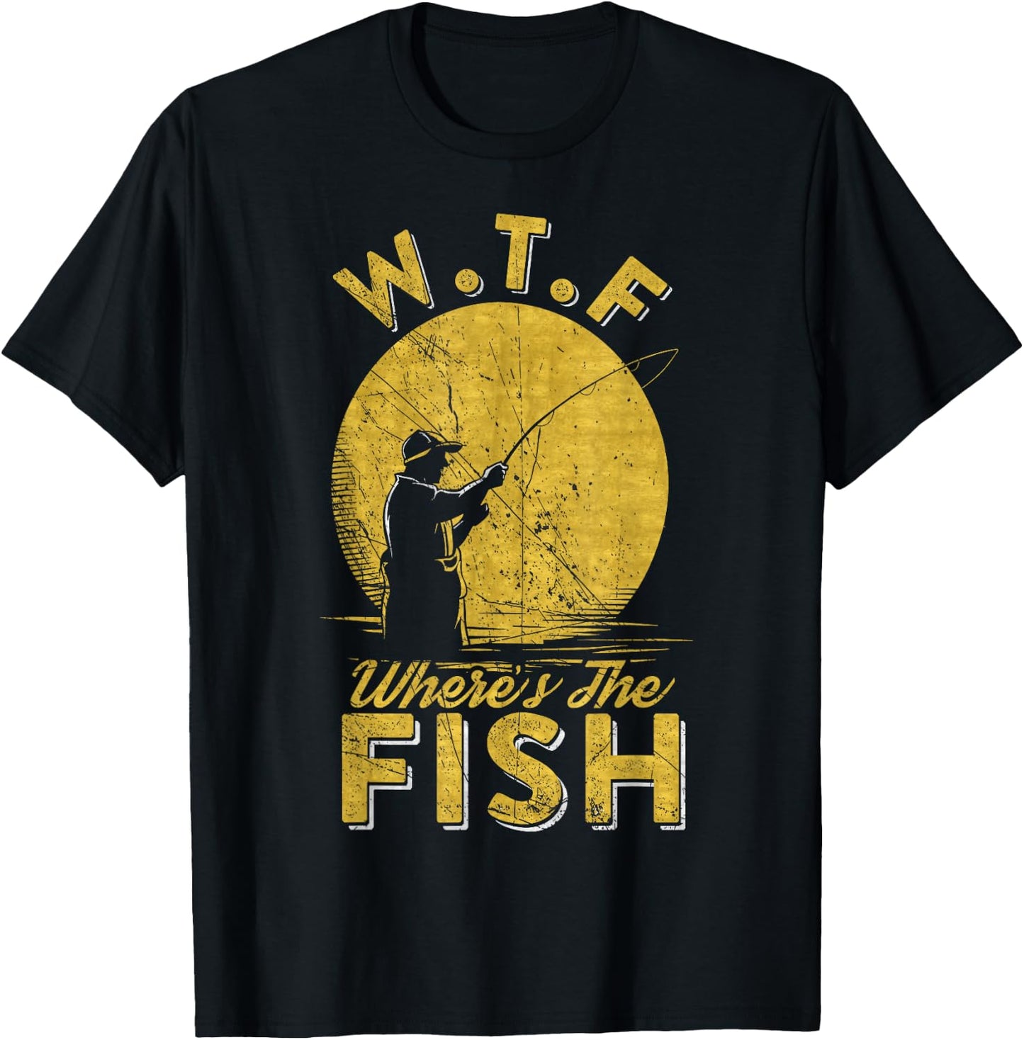 Vintage W.T.F Wheres The Fish, Fisherman, Fishing Lover T-Shirt - T-Shirt | Black