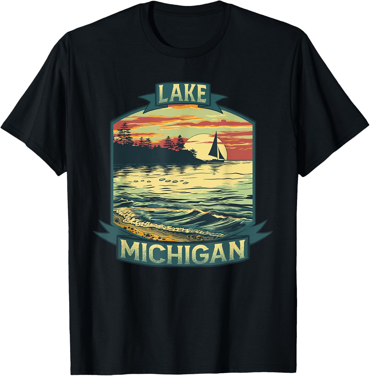 Lake Michigan USA Unsalted Shark Free Vintage Outdoors Retro T-Shirt - T-Shirt | Black