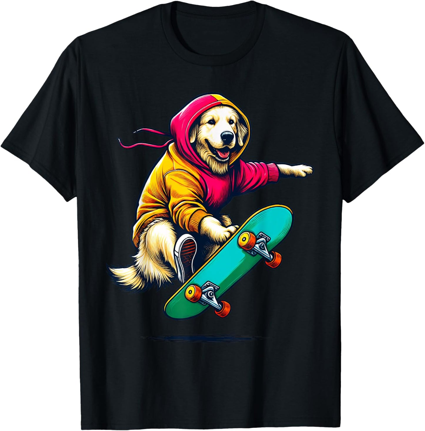 Cool Golden Retriever Dog Skateboarding Illustration Art T-Shirt - T-Shirt | Black