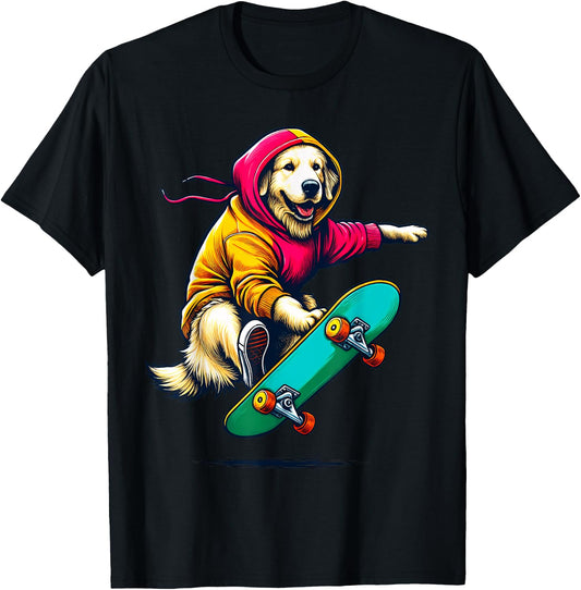 Cool Golden Retriever Dog Skateboarding Illustration Art T-Shirt - T-Shirt | Black