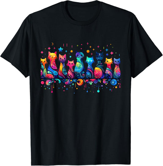 80s Colorful Kitten Lover Artwork Decor Cute Art Cat T-Shirt - T-Shirt | Black