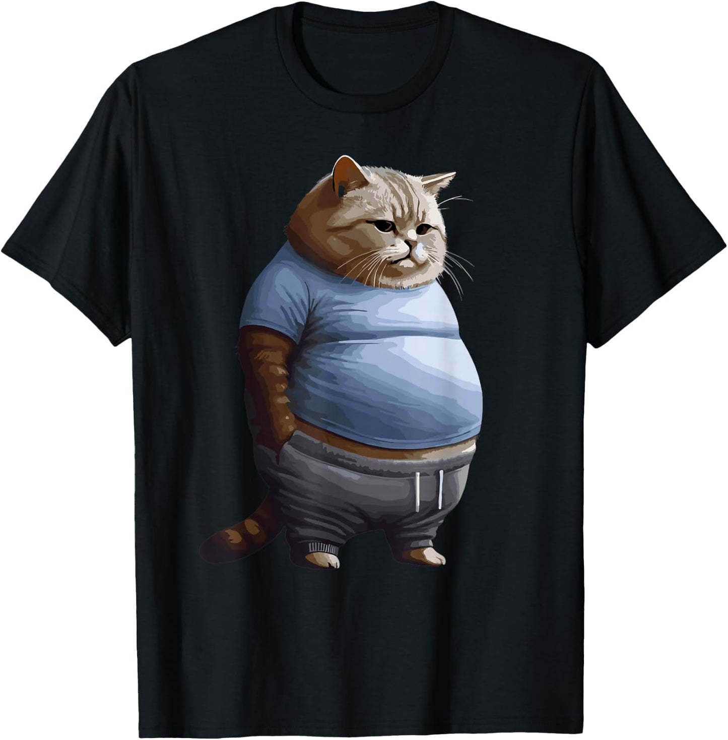 Funny Fat Sad Cat Art Design Fat Kitten Cat Lover Fat Cat T-Shirt - T-Shirt | Black