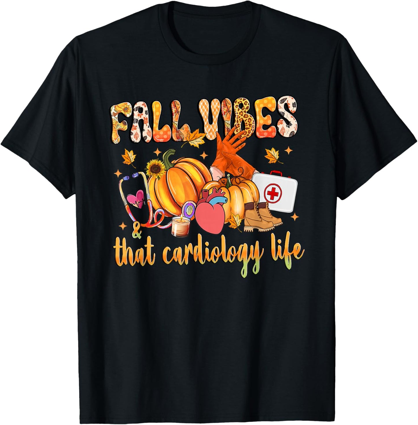 Fall Vibes & That Cardiology Life Pumpkin Leopard Gifts T-Shirt - T-Shirt | Black